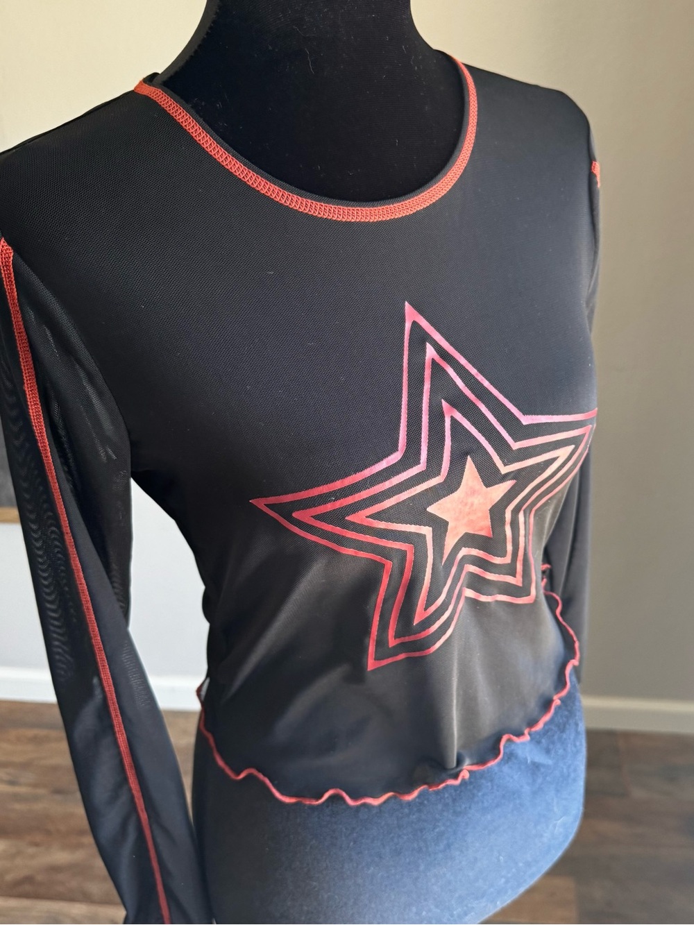 Hot Topic Black Long Sleeve Star Mesh Tee with Red Trim